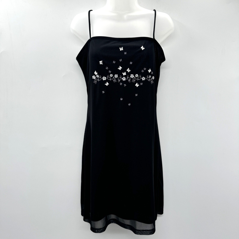 Vintage Y2K Mesh Embroidered Mini Dress Sz L Black Butterfly Flower Goth Grunge